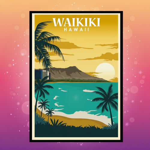 Vintage-style poster of Waikiki Hawaii with palm trees, beach, and mountain.