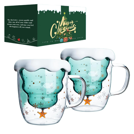 Two glass mugs with snowflake design and a matching Christmas-themed box on a white background.