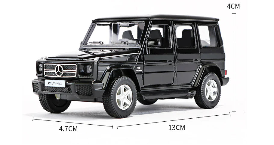 Black model car with dimensions labeled on a white background