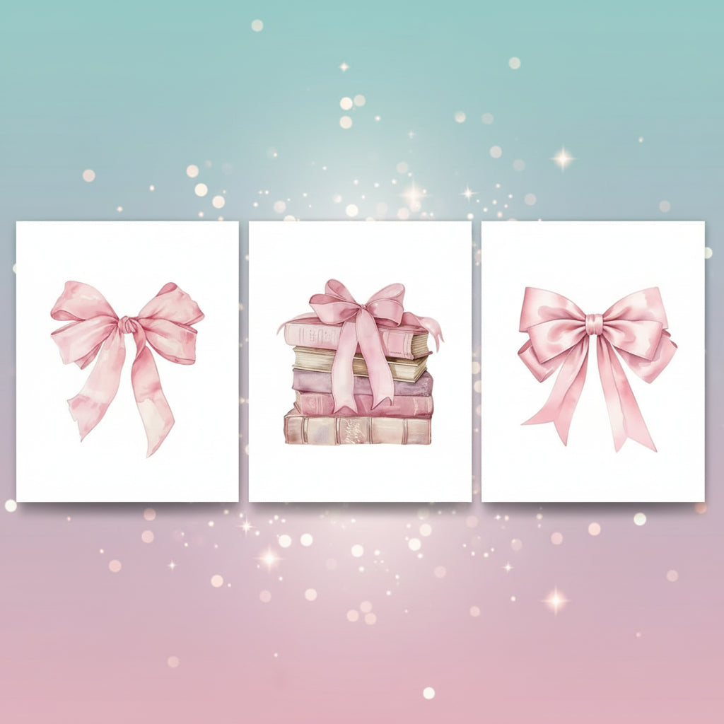 Set of three wall art prints featuring pink bows and gift boxes on a white background