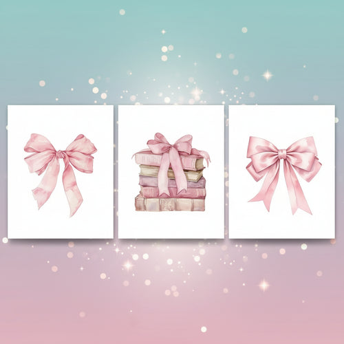 Set of three wall art prints featuring pink bows and gift boxes on a white background