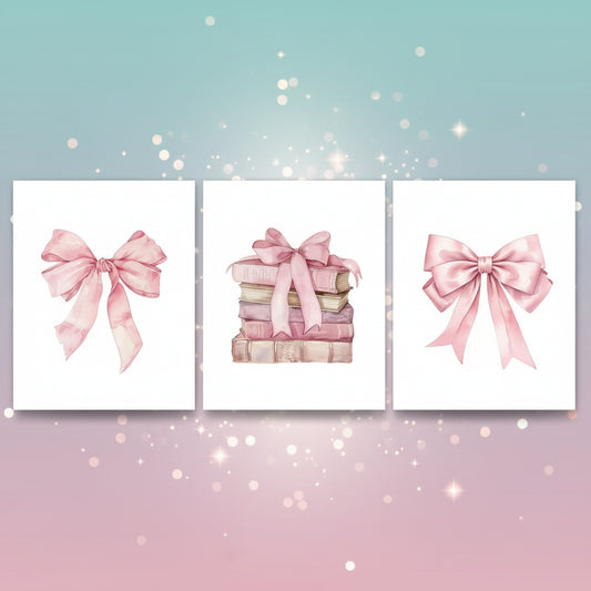 Set of three wall art prints featuring pink bows and gift boxes on a white background