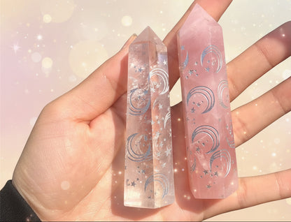 Crystal Pillar with Moon Star Engravings - Rose Quartz, Clear Quartz, Black Obsidian - Lucky Girl Gifts