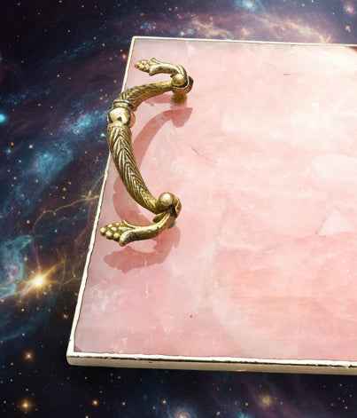 Rose Quartz Agate Tray with Brass Handles for Elegant Serving