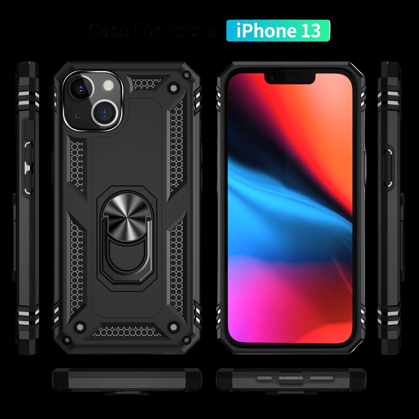 Black phone case with ring holder for Apple iPhone 13 on a white background