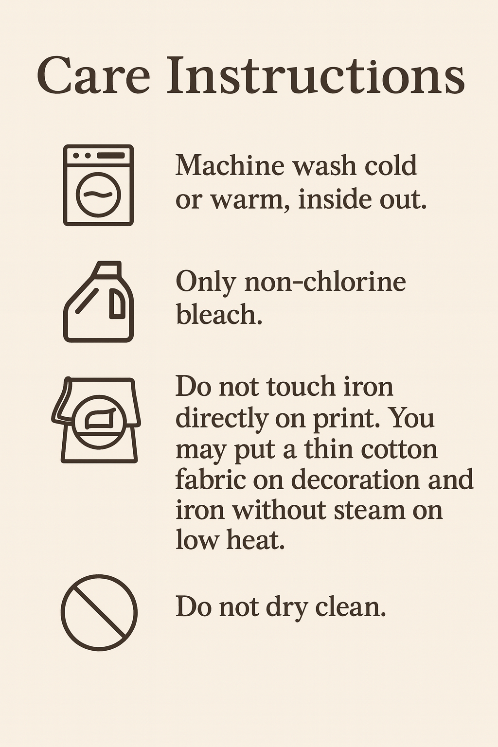 Care instructions for a fabric product on a beige background