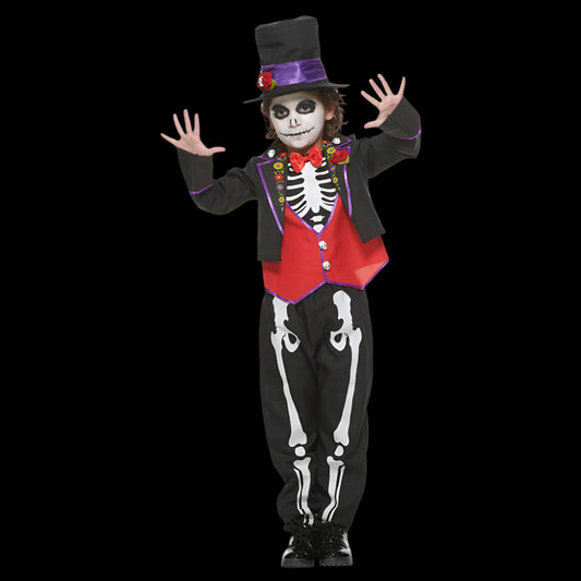 Child wearing a skeleton costume with a top hat on a white background