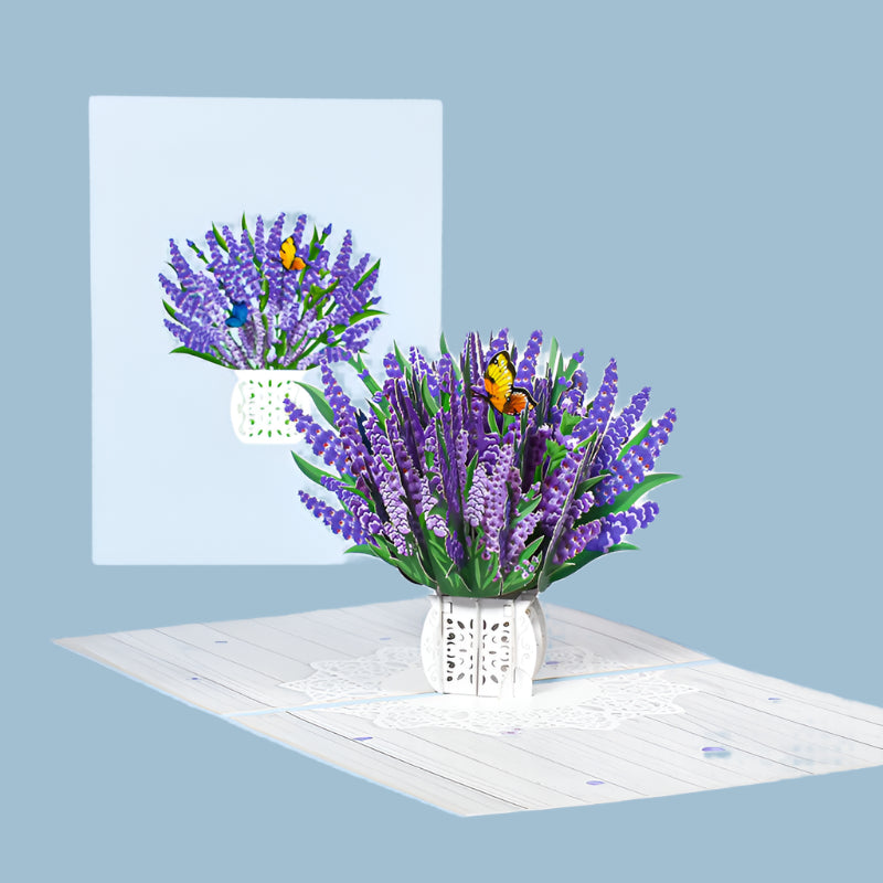 3D pop-up card with lavender flowers and butterflies on a white background