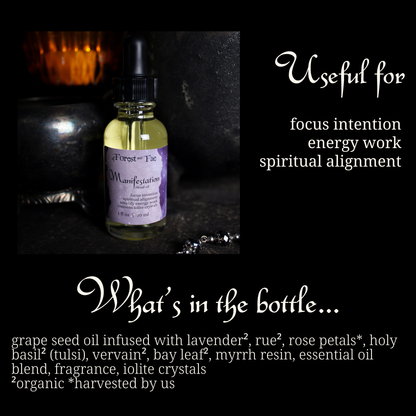 Bottle of elixir with a purple label on a dark background, surrounded by text about its uses and ingredients.
