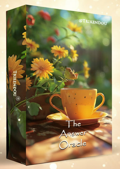 Product packaging for 'The Answer Oracle' with a cup and flowers on a white background