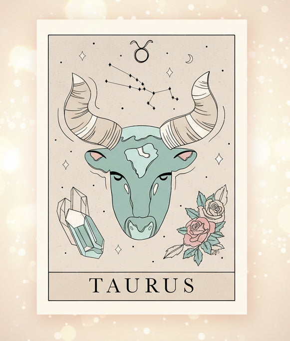 Illustration of Taurus zodiac sign with decorative elements on a beige background