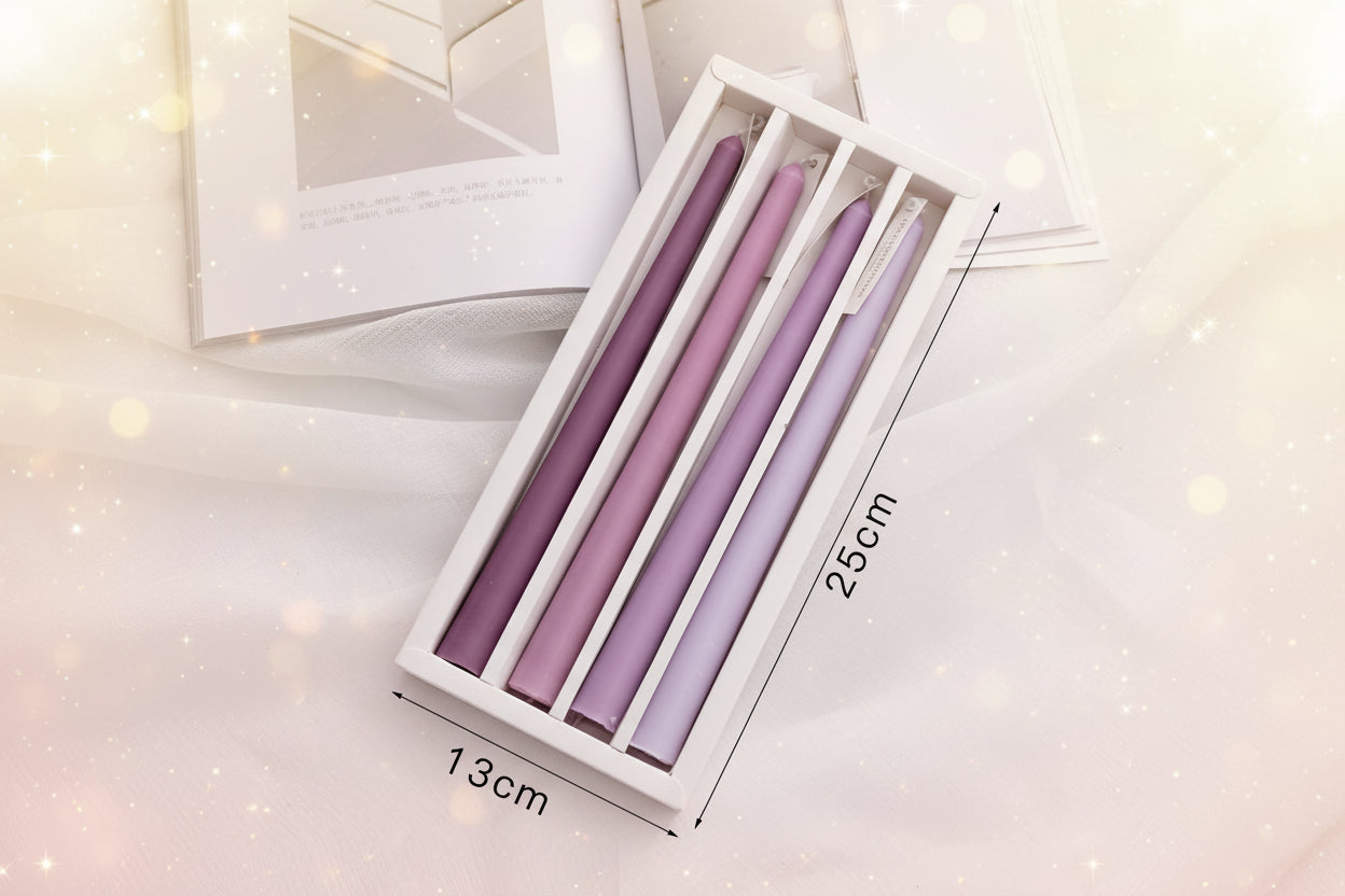 Set of gradient purple straws in a box with measurements on a light background