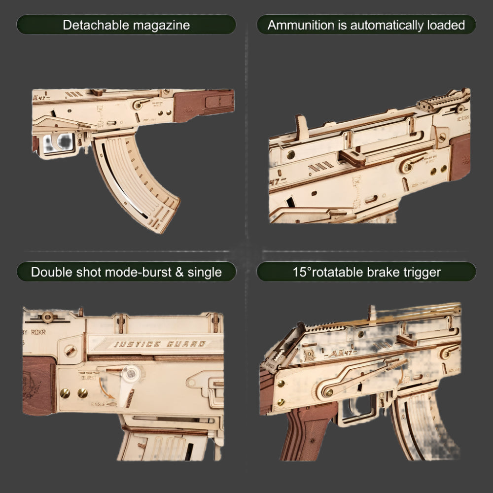 Wooden model of a firearm with features highlighted on a white background