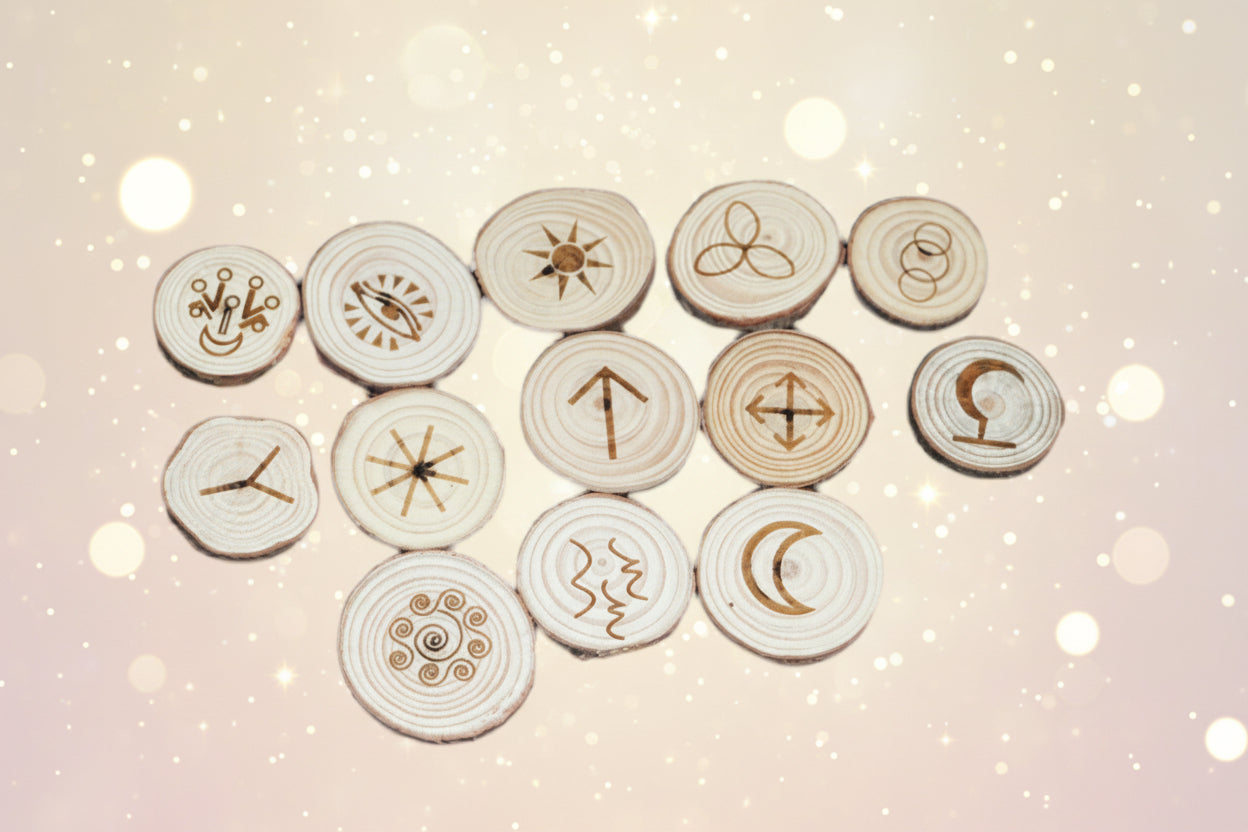 Set of wooden discs with engraved symbols on a white background