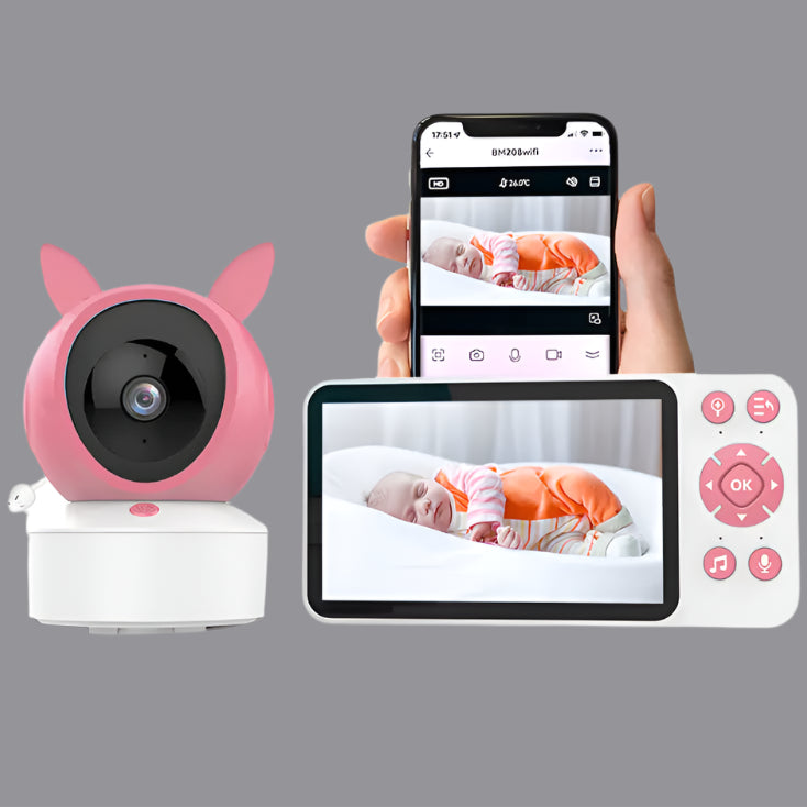 Pink baby monitor with a smartphone and tablet displaying baby footage on a white background