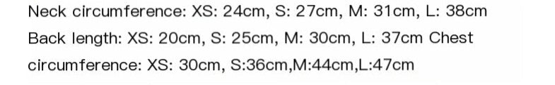 Text displaying measurements for neck, back length, and chest circumference in different size categories.