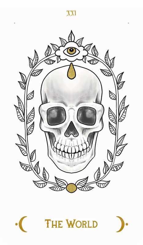 Skull with eye and laurel wreath, tarot card style illustration.