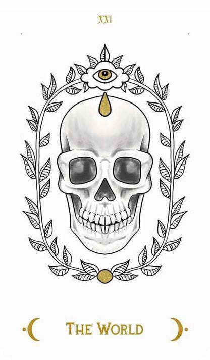 Skull with eye and laurel wreath, tarot card style illustration.