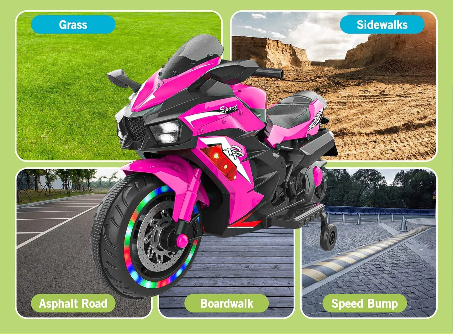 Pink toy motorcycle with colorful wheels on a green background with road scenarios.