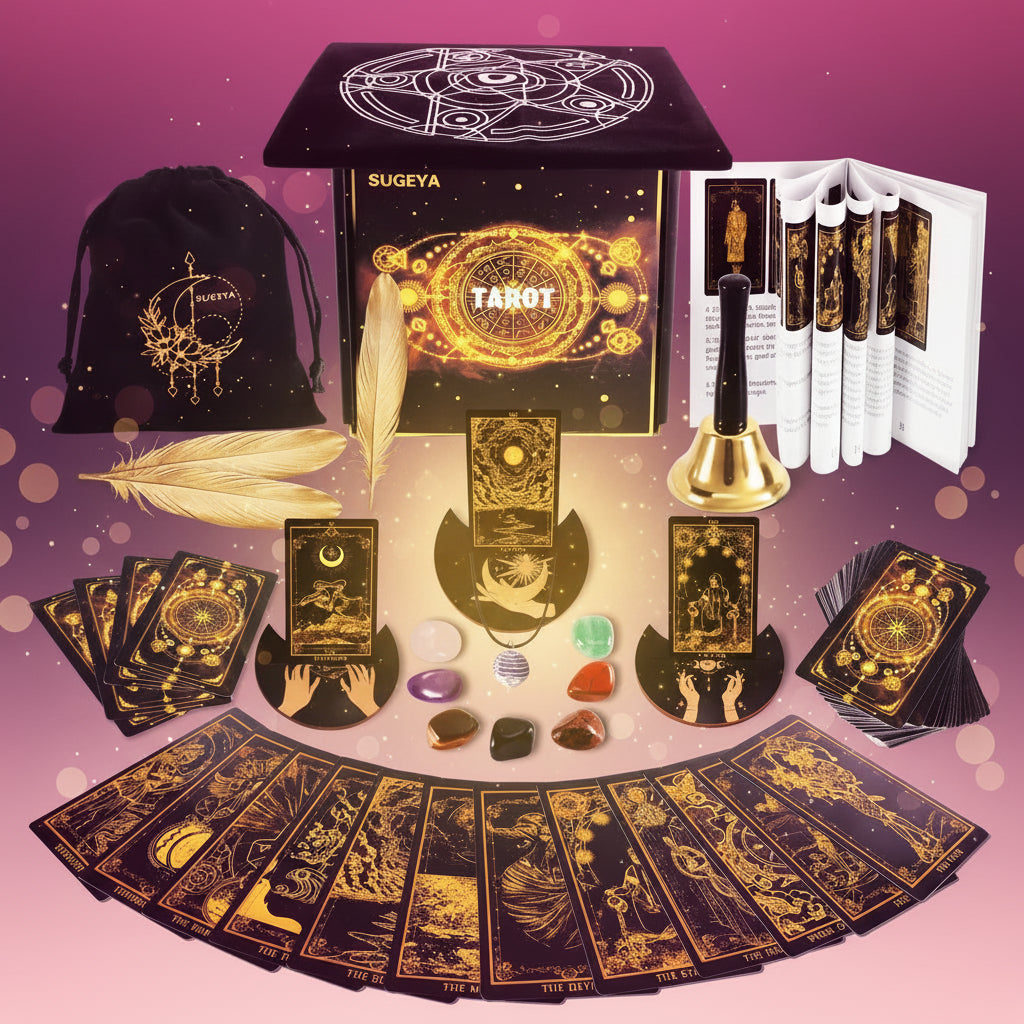 SUGEYA tarot card set with packaging, cards, bag, feather, bell, and crystals on a white background
