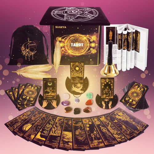 SUGEYA tarot card set with packaging, cards, bag, feather, bell, and crystals on a white background