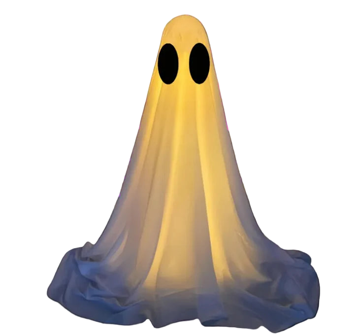 Luminous ghost figure with black eyes against a dark background
