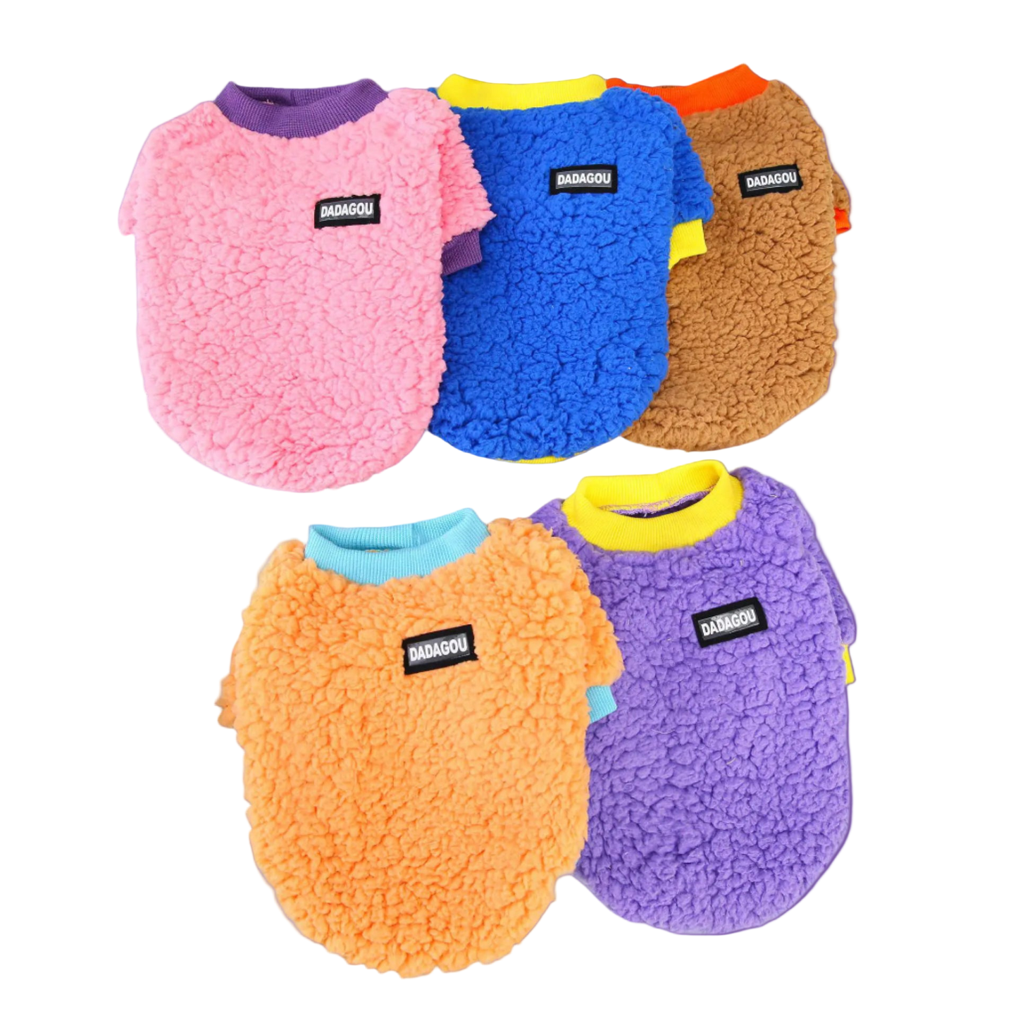 Five colorful fleece dog vests on a light gray background