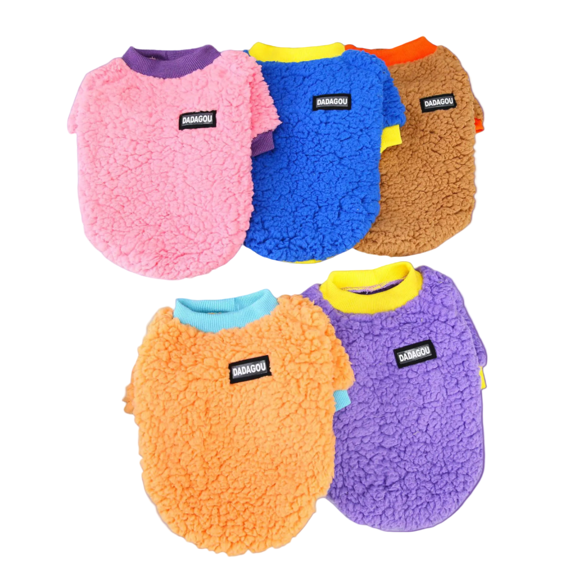 Five colorful fleece dog vests on a light gray background