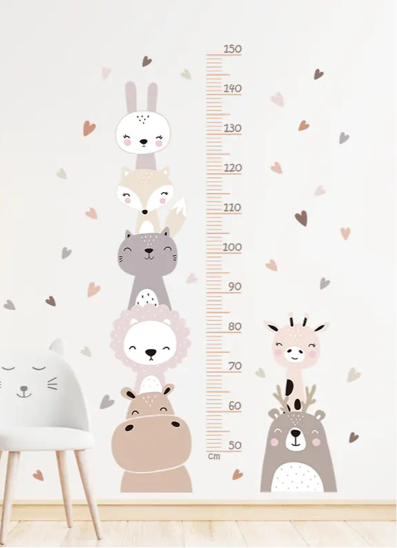 Children's room with animal-themed height chart on the wall, yellow ladder, and white chair.
