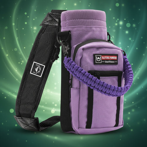 Purple dog leash holder with black strap on a white background