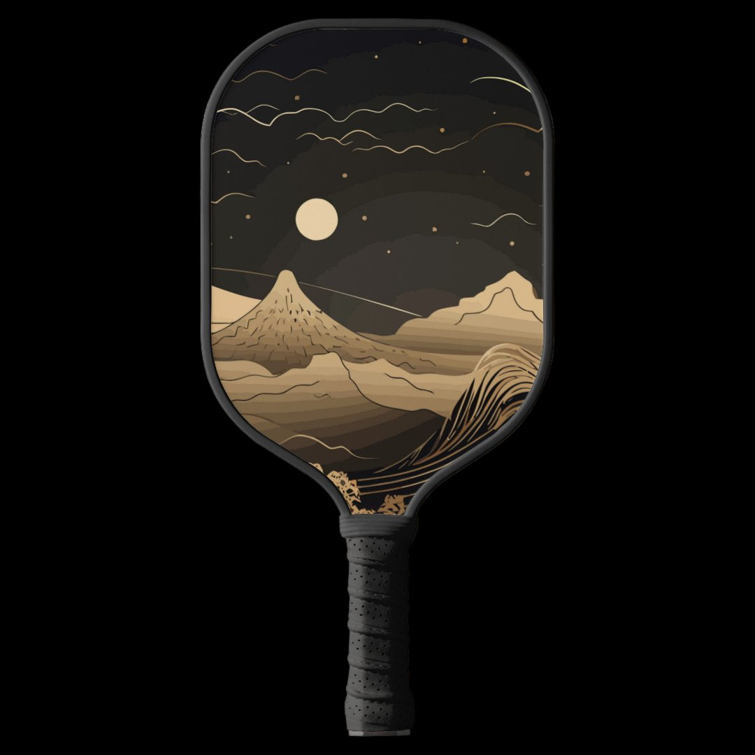 Pickleball paddle with mountain and moon design on a white background