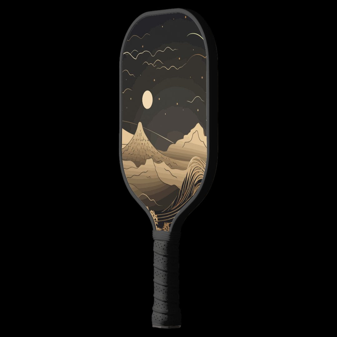 Pickleball paddle with mountain and moon design on a white background