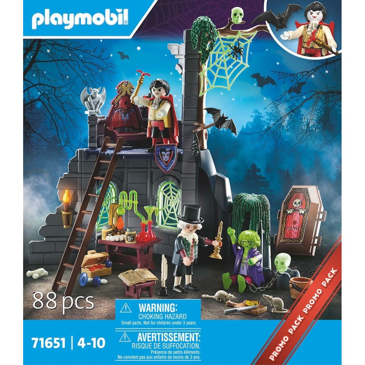 Playmobil Halloween-themed toy set packaging with figures and props on a blue background