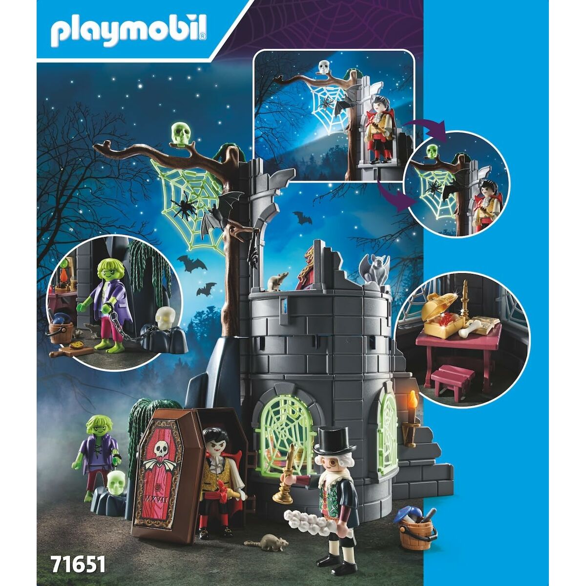 Playmobil Halloween haunted castle set packaging with figures and accessories.