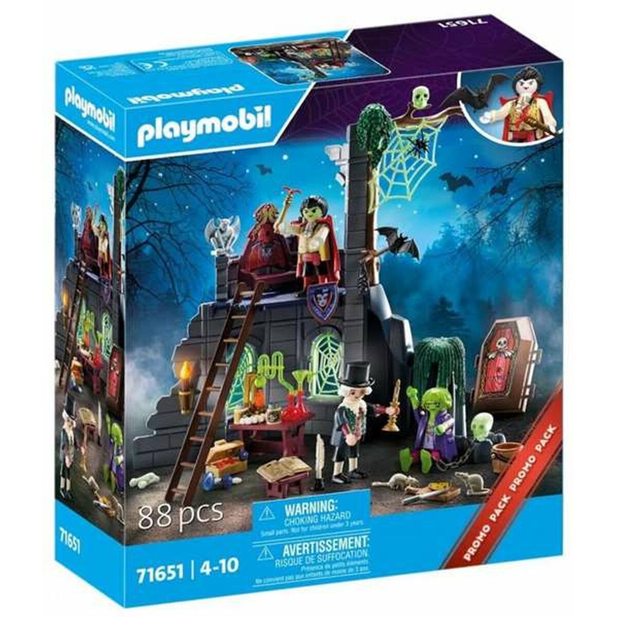 Playmobil Halloween set packaging with spooky castle and characters on a blue and purple background.