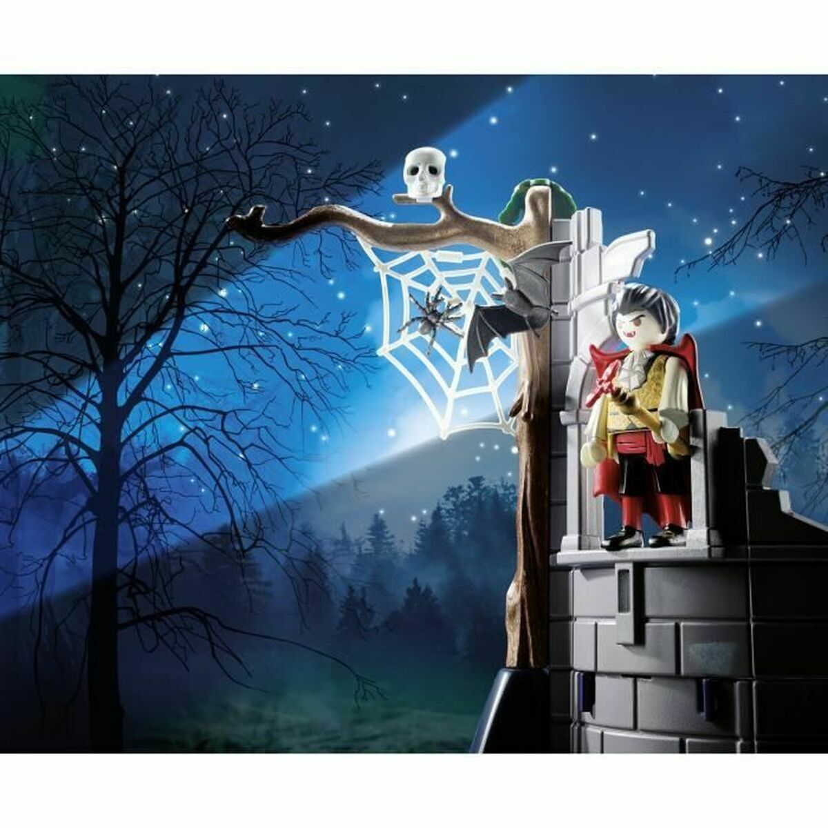 Toy figure of a pirate on a castle tower with a spooky forest background