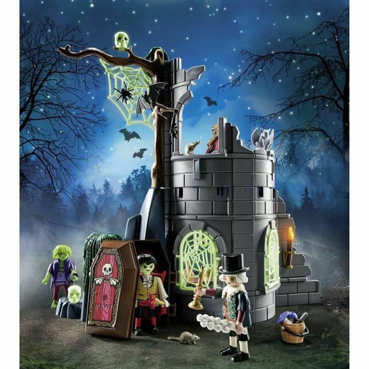 Toy set with a haunted house and Halloween-themed figures against a dark, spooky background.