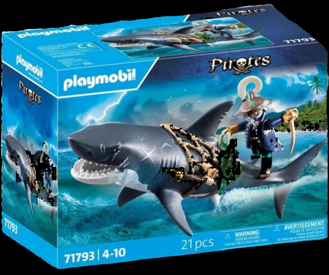 Playmobil Pirates toy set packaging with a shark and pirate figure on a blue background