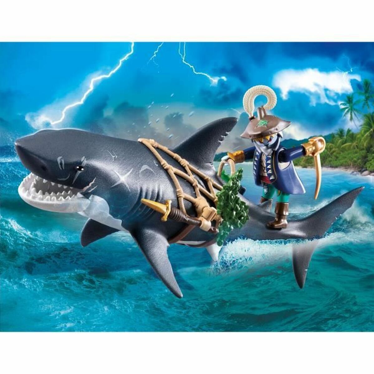 Toy figure on a shark with a tropical island background