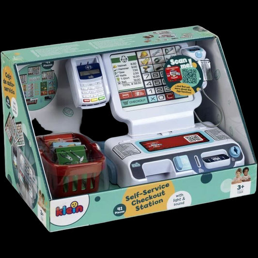 Toy self-service checkout station in packaging with 'Kleiner' branding