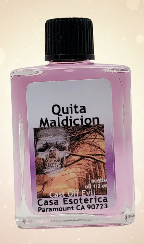 Bottle labeled 'Quita Maldicion' with a black cap on a white background