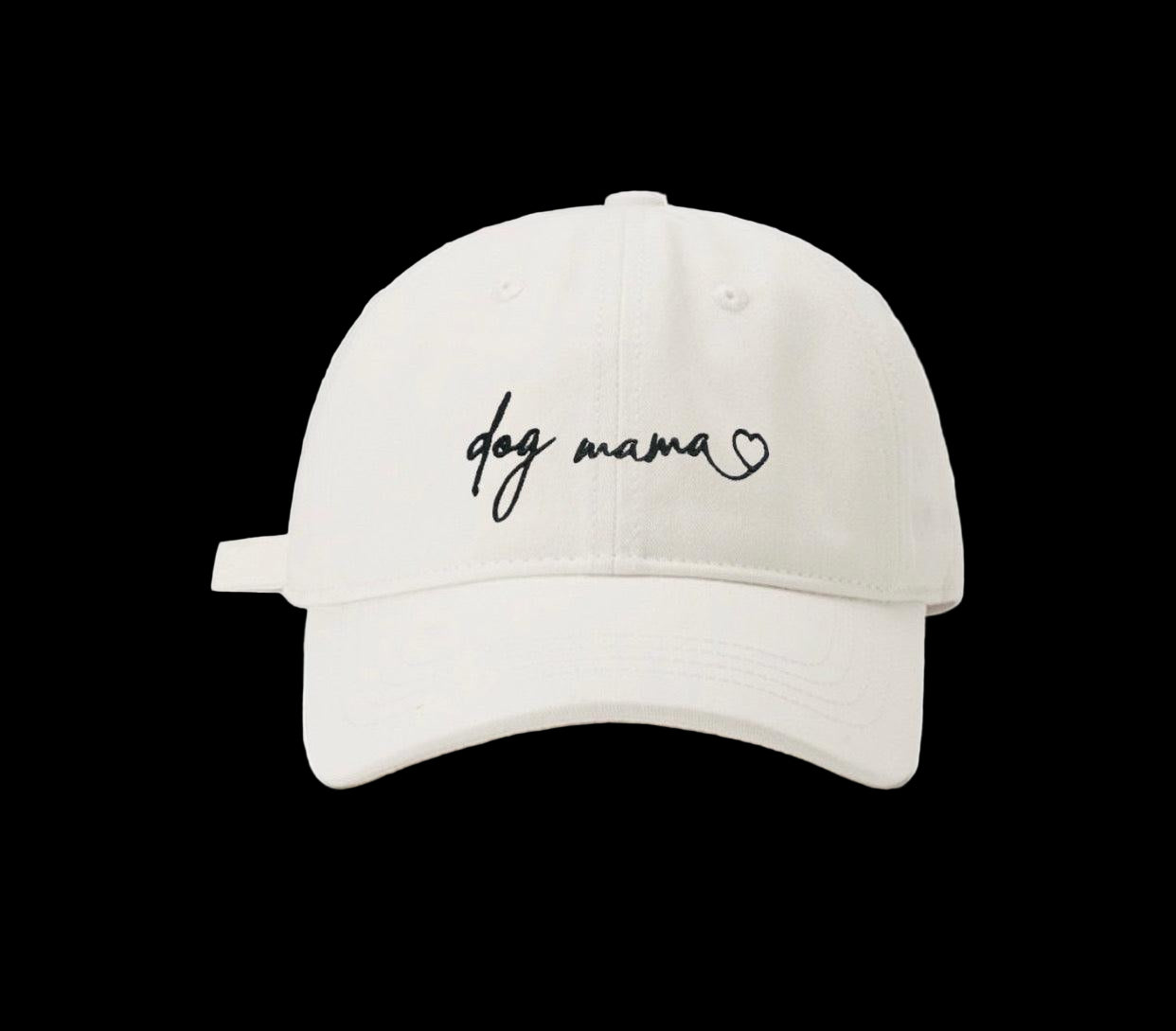 White cap with 'dog mama' text on a white background, featuring the Pawsome Pets New York logo.