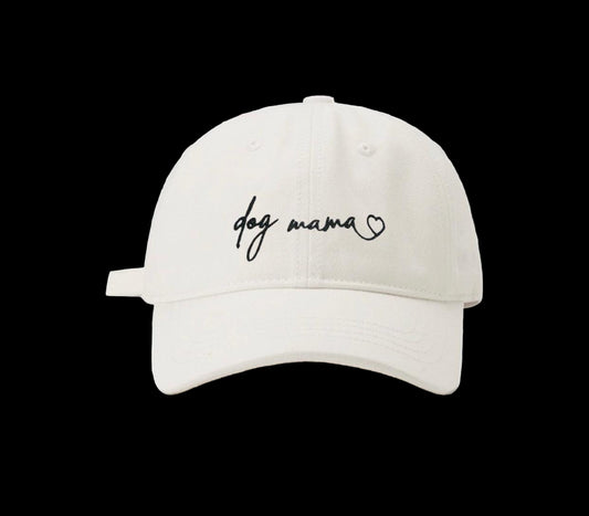 White cap with 'dog mama' text on a white background, featuring the Pawsome Pets New York logo.