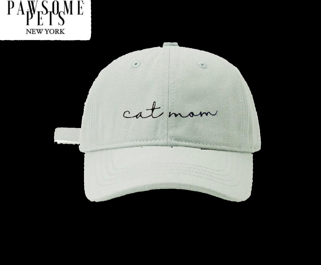 Light gray cap with 'cat mom' text on a white background, featuring Pawsome Pets New York logo.