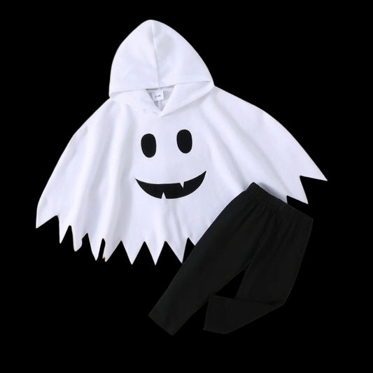 Ghost-themed outfit with white hooded top and black pants on a white background