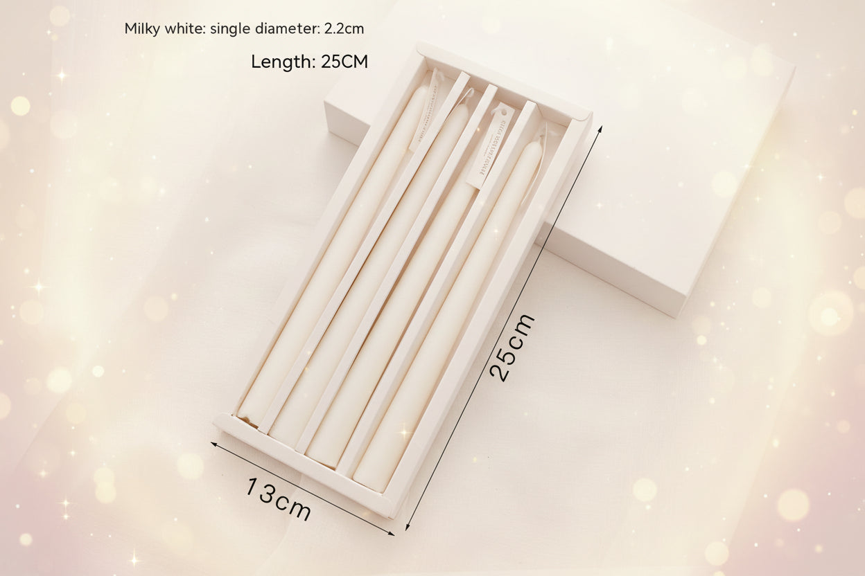 Set of white candles in a box with dimensions on a light background