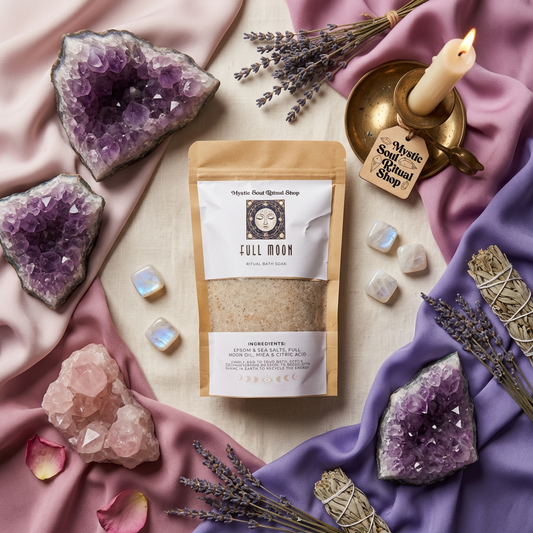 Packaged product with amethyst crystals, lavender, and a candle on a pink fabric background