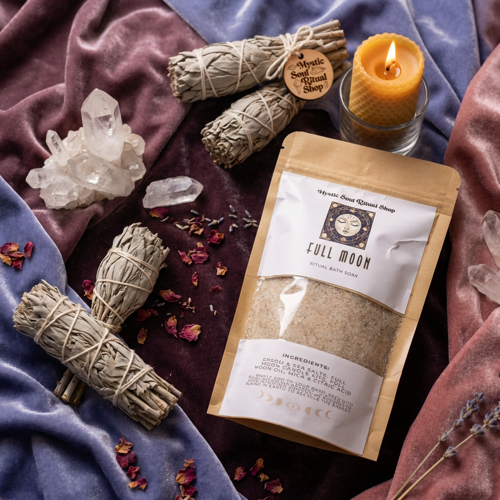 Full Moon product packaging with crystals, sage, and a candle on a textured fabric background