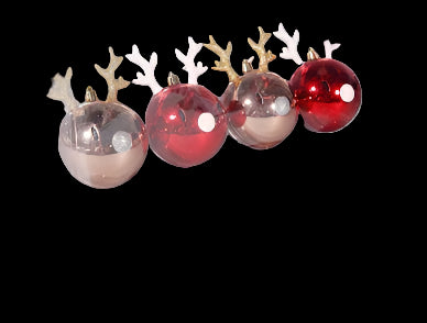 Set of Christmas ornaments with reindeer antlers in a clear packaging box on a gray background