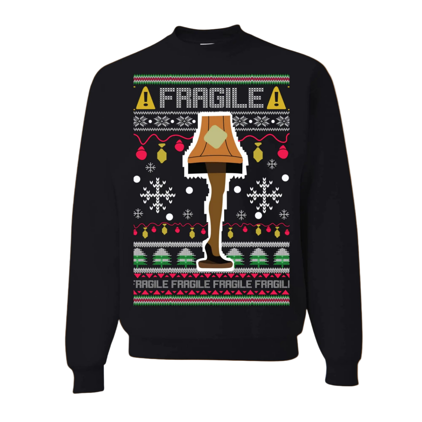 Black sweater with Christmas-themed design featuring a lamp and 'Fragile' text on a white background